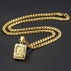 14K Gold Rectangle Initial Necklace on Cuban Chain