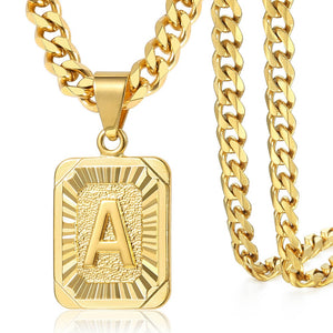 14K Gold Rectangle Initial Necklace on Cuban Chain