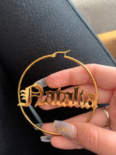 Load image into Gallery viewer, Custom 18K Gold Plated Old English Name Hoops (CENTER)
