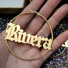 Load image into Gallery viewer, Custom 18K Gold Plated Old English Name Hoops (CENTER)
